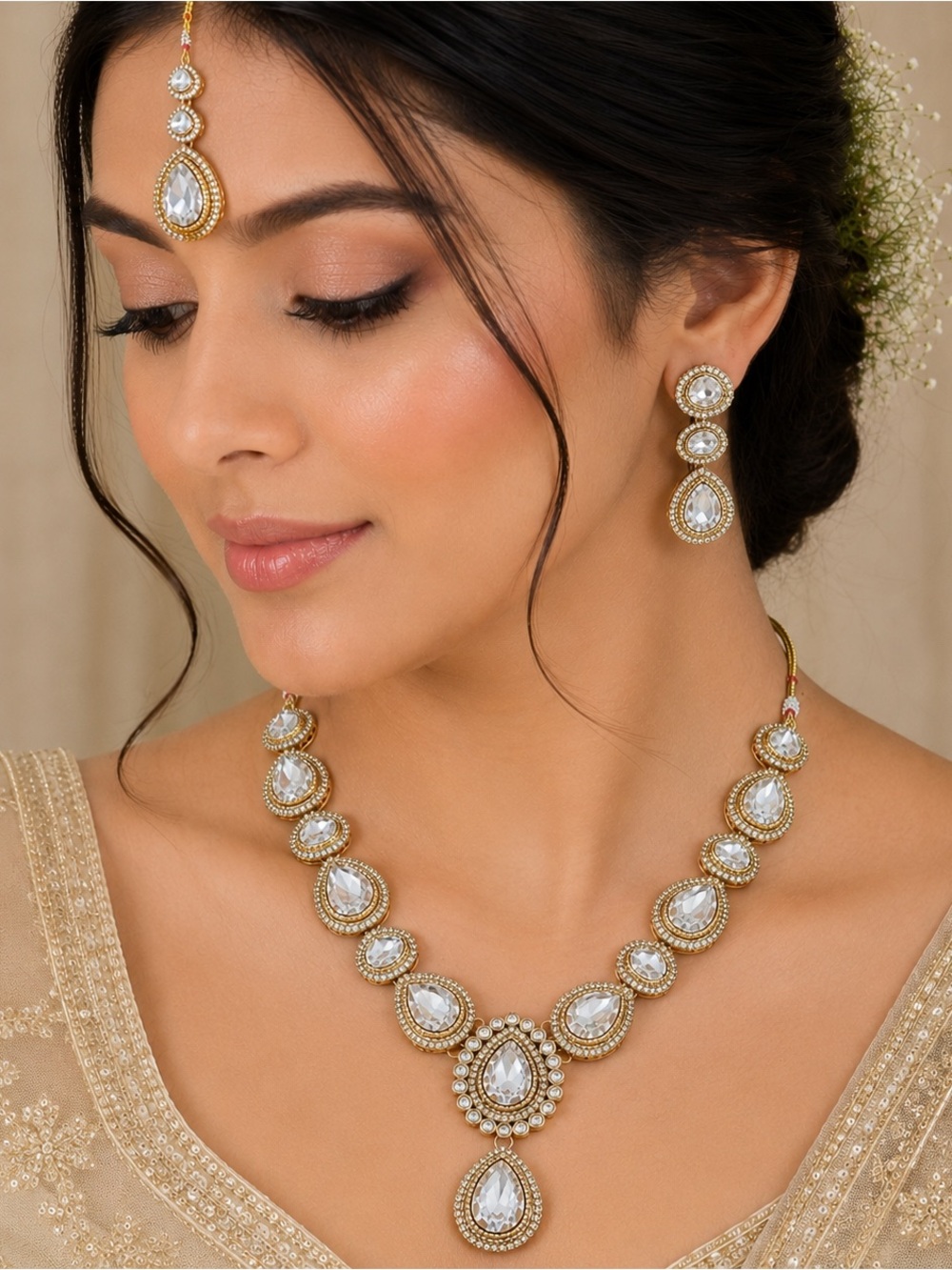 Gold and White Teardrop Crystal Necklace and Earring Set